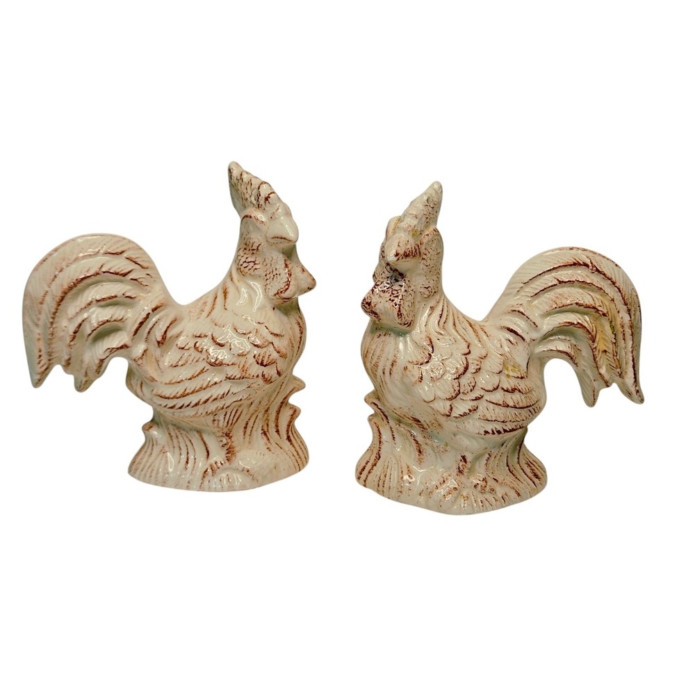 *Ceramic Rooster Salt Pepper Shakers 5" Faux Aged White Brown Country Farmhouse